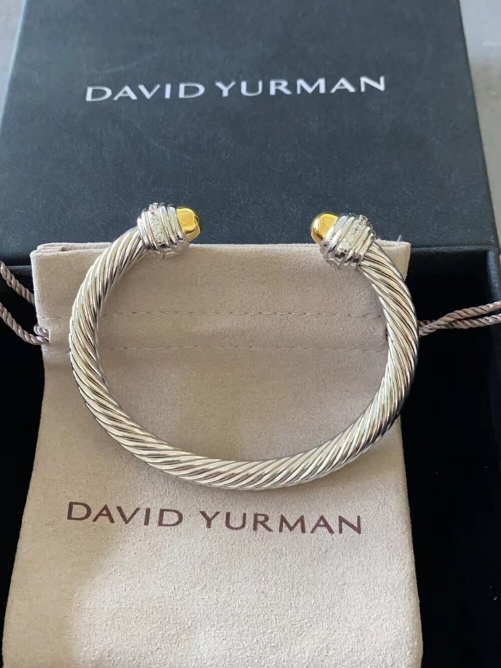 David Yurman 925 Sterling Silver Cable Cuff with Gold Ends